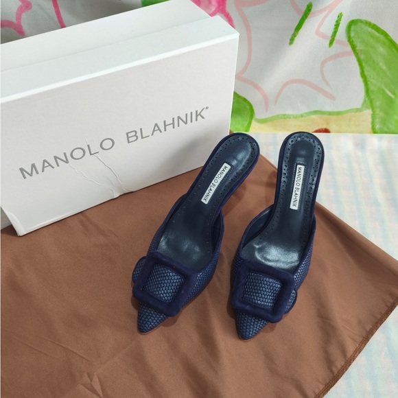 Manolo Blahnik Shoes - Manolo Blahnik Navy Textured Pointed Mule Heels with Buckle Accent